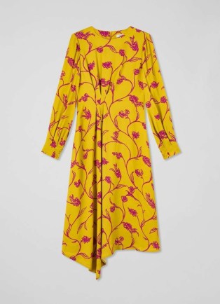 L.K. BENNETT Henrietta Ochre & Pink Dress ~ yellow floral long sleeve asymmetric hemline midi dresses