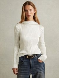 REISS Ember High Neck Plisse Top in Ivory ~ chic white long sleeve high neck tops