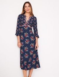 Boden Imelda Border Print Midi Dress in French Navy, Poppy Bouquet ~ dark blue floral dresses