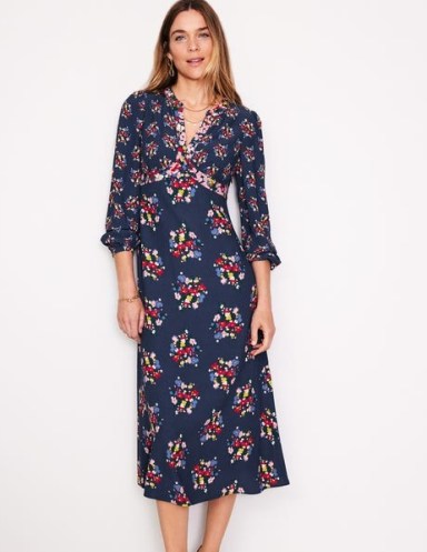 Boden Imelda Border Print Midi Dress in French Navy, Poppy Bouquet ~ dark blue floral dresses