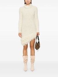 ISABEL MARANT White Arodie Dress ~ long sleeve high neck asymmetric hemline knitted dresses ~ luxury textured bouclé style winter clothing