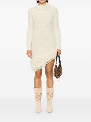 ISABEL MARANT White Arodie Dress ~ long sleeve high neck asymmetric hemline knitted dresses ~ luxury textured bouclé style winter clothing