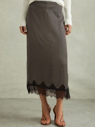 REISS Ivy Striped Lace Trim Midi Skirt ~ silky skirts