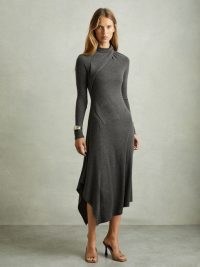 REISS Catlyn Jersey Drape Asymmetric Midi Dress in Grey ~ chic asymmetric dresses ~ sophisticated fashion