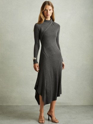 REISS Catlyn Jersey Drape Asymmetric Midi Dress in Grey ~ chic asymmetric dresses ~ sophisticated fashion