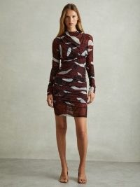 REISS Kallie Printed Ruched Mini Dress Burgundy – long sleeve fitted evening dresses