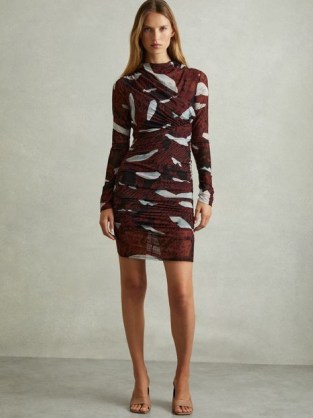 REISS Kallie Printed Ruched Mini Dress Burgundy – long sleeve fitted evening dresses