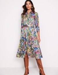 Boden Kate Satin Shirt Dress in Multi, Paisley Pome / silky collared tie waist midi dresses