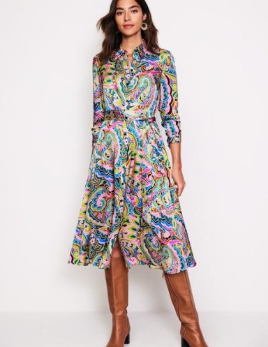 Boden Kate Satin Shirt Dress in Multi, Paisley Pome / silky collared tie waist midi dresses