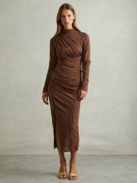 REISS Kelly Jersey Ruched Midi Dress in Chocolate ~ chic brown contemporary dresses