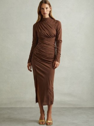 REISS Kelly Jersey Ruched Midi Dress in Chocolate ~ chic brown contemporary dresses