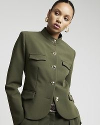 RIVER ISLAND Khaki button up crepe military jacket – women’s green utilitarian inspired jackets – womens smart utility clothing