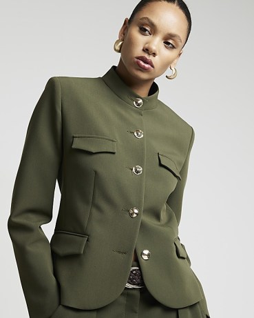 RIVER ISLAND Khaki button up crepe military jacket – women’s green utilitarian inspired jackets – womens smart utility clothing