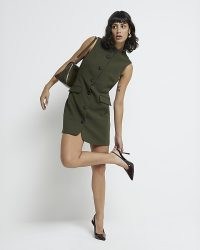 RIVER ISLAND Khaki Pocketed Military Mini Dress ~ smart dark green sleeveless utility dresses