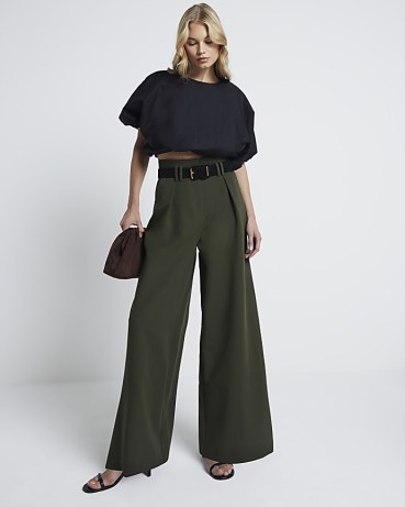 RIVER ISLAND Khaki Premium High Waisted Wide Leg Trousers