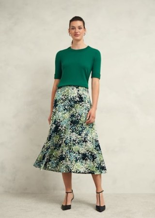 HOBBS Kiara Skirt in Green Multi / women’s ditsy floral print flared hem midi skirts