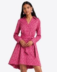 DRAPER JAMES Layla Shirtdress in Textured Stripe in Raspberry ~ women’s pink collared tie waist dip hem dresses ~ fit and flare shirt dresses