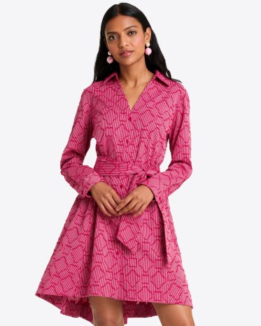 DRAPER JAMES Layla Shirtdress in Textured Stripe in Raspberry ~ women’s pink collared tie waist dip hem dresses ~ fit and flare shirt dresses