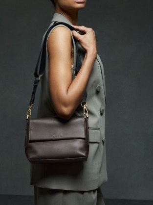 REISS Selena Leather Adjustable Strap Cross-Body Bag in Chocolate ~ dark brown crossbody ~ front flap closure shoulder bags