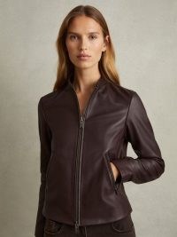 REISS Allie Leather Collarless Biker Jacket in Berry – beautiful luxe jackets