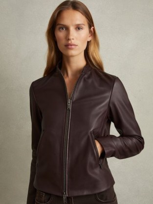 REISS Allie Leather Collarless Biker Jacket in Berry – beautiful luxe jackets