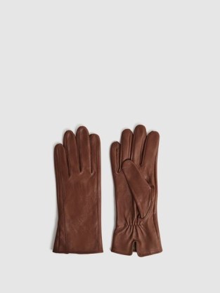 REISS Giselle Leather Ruched Gloves in Tan ~ women’s classic winter accessories