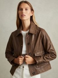 REISS Hanson Leather Trucker Jacket in Chocolate – women’s dark brown collared jackets – luxury casual outerwear