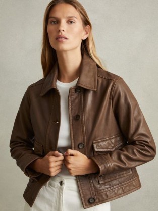 REISS Hanson Leather Trucker Jacket in Chocolate – women’s dark brown collared jackets – luxury casual outerwear