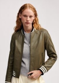 ME and EM Leather Varsity Bomber Jacket in Caper | women’s luxe green baseball collar front zip up jackets