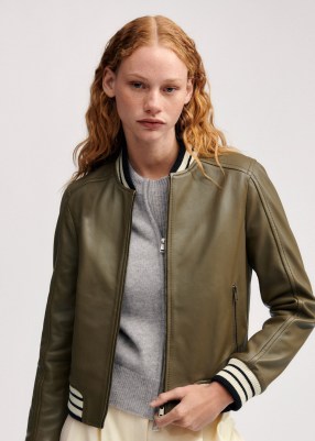 ME and EM Leather Varsity Bomber Jacket in Caper | women’s luxe green baseball collar front zip up jackets