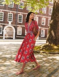 Boden Lily Hotched Jersey Midi Dress in Bright Ruby, Poppy Bouquet ~ women’s red floral print short puff sleeve dresses