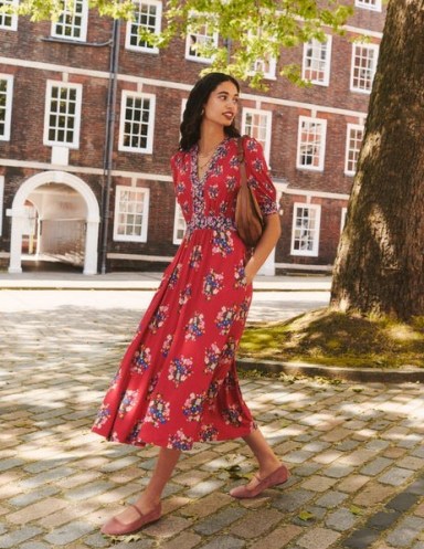 Boden Lily Hotched Jersey Midi Dress in Bright Ruby, Poppy Bouquet ~ women’s red floral print short puff sleeve dresses