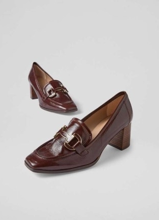 L.K. BENNETT Luca Chocolate Block Heel Snaffle Courts ~ dark brown patent leather court shoes