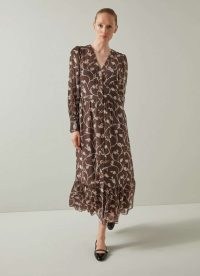 L.K. BENNETT Lucian Chocolate & Birch Tiered Dress ~ brown floral semi sheer tiered hem dresses ~ relaxed floaty fashion