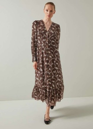 L.K. BENNETT Lucian Chocolate & Birch Tiered Dress ~ brown floral semi sheer tiered hem dresses ~ relaxed floaty fashion