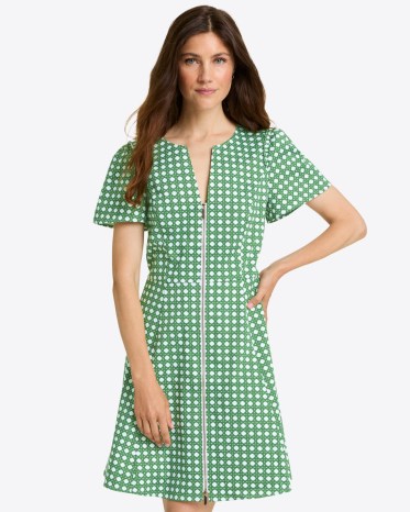 DRAPER JAMES Mae Love Circle Dress in Rattan ~ women’s green checked short sleeve A-line dresses