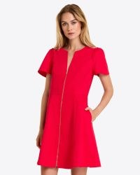 DRAPER JAMES Mae Love Circle Dress in Red ~ short sleeve A-line zip front dresses ~ frill shoulder detail