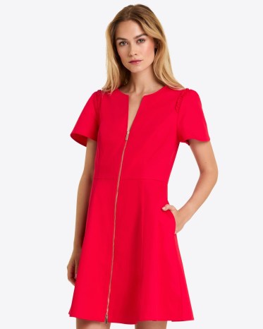 DRAPER JAMES Mae Love Circle Dress in Red ~ short sleeve A-line zip front dresses ~ frill shoulder detail