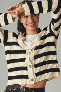 Maeve Rib Knit Polo Cardigan in Black and White | monochrome striped collared cardigans