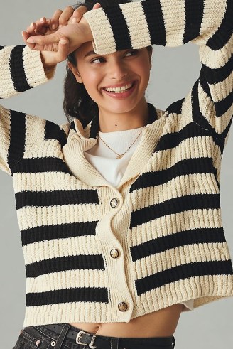 Maeve Rib Knit Polo Cardigan in Black and White | monochrome striped collared cardigans