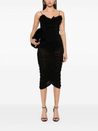 Magda Butrym Ruched Ruffle Midi Dress in Black – spaghetti strap fitted evening occasion dresses – strappy LBD – ruffled detail neckline