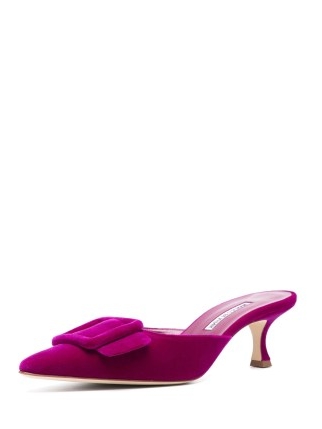 Manolo Blahnik 50 Maysale Pumps in Amaranth purple – luxe velvet pointed toe mules – luxury buckle embellished mule