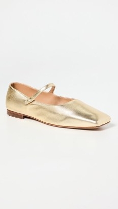 Mansur Gavriel Square Toe Mary Jane Flats in Gold Metallic Leather