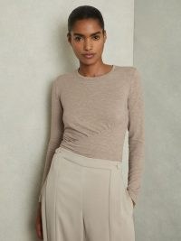 REISS Ana Marled Asymmetric Ruched Top Neutral – chic long sleeve tops