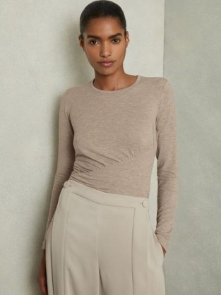 REISS Ana Marled Asymmetric Ruched Top Neutral – chic long sleeve tops