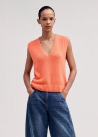 ME and EM Merino Cashmere Silk Clean Edge V-Neck Vest in Neon Peach | women’s sleeveless sweater | womens knitted vests