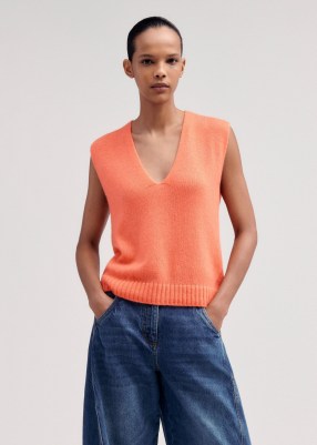 ME and EM Merino Cashmere Silk Clean Edge V-Neck Vest in Neon Peach | women’s sleeveless sweater | womens knitted vests