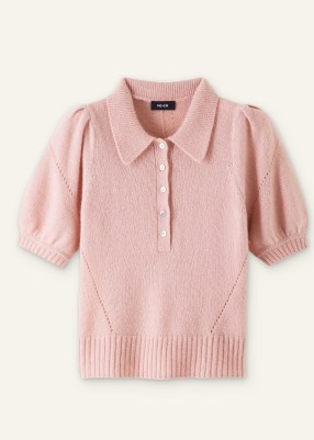 ME and EM Merino Cashmere Silk Pouf Sleeve Tee in Smoke Pink | women’s luxe knitted top | puff sleeve collared jumper | womens luxury knitwear | feminine knits