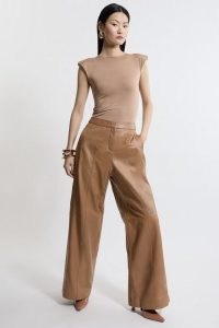 KAREN MILLEN Mid Rise Wide Leg Leather Trousers in Camel ~ women’s luxury light brown trouser