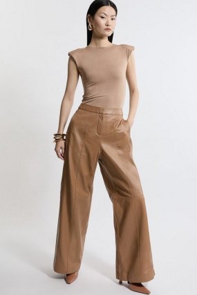 KAREN MILLEN Mid Rise Wide Leg Leather Trousers in Camel ~ women’s luxury light brown trouser